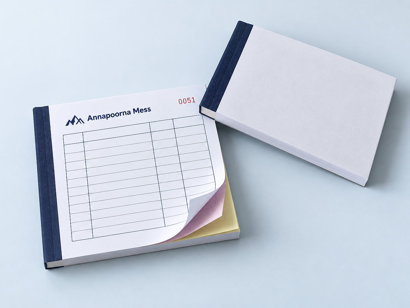 Two bill books, one with its top sheet lifted to show numbered white, pink and yellow carbonless copies