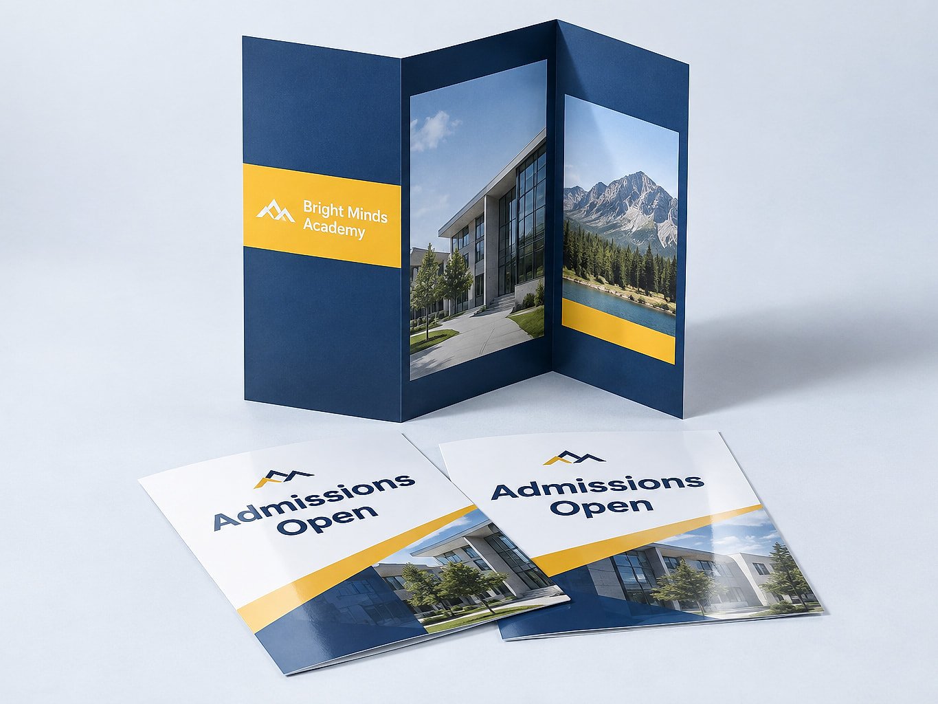 Full colour admissions flyers and a tri-fold brochure in blue and yellow