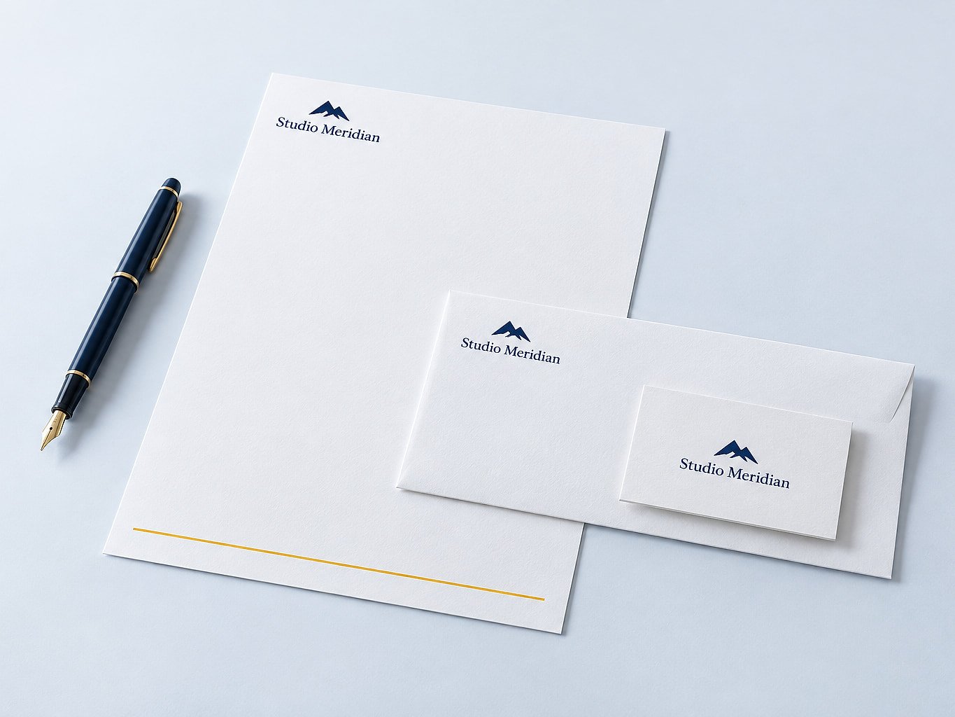 Letterhead, envelope and visiting card set with a fountain pen