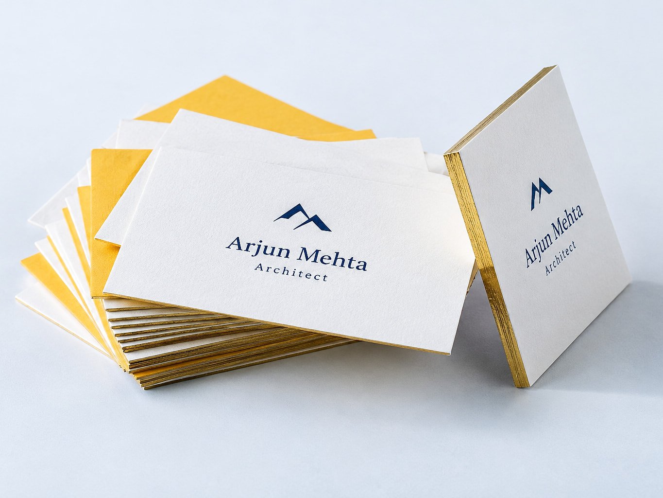 Stack of white visiting cards with yellow backs and a navy mountain logo